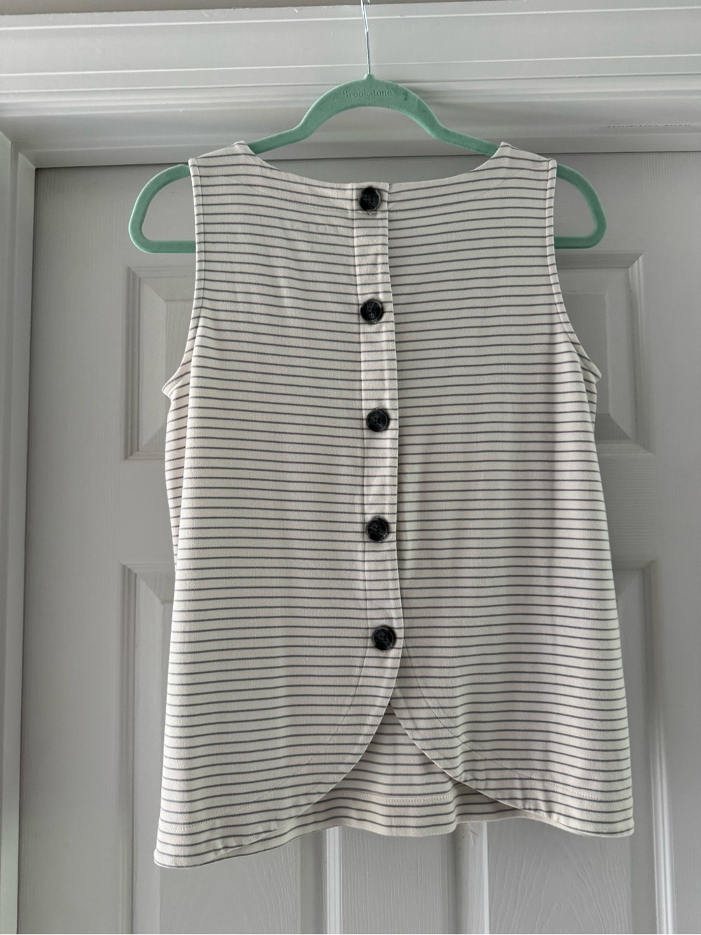 LOFT Cream Tank Top with Gray Stripes and Back Button Detail